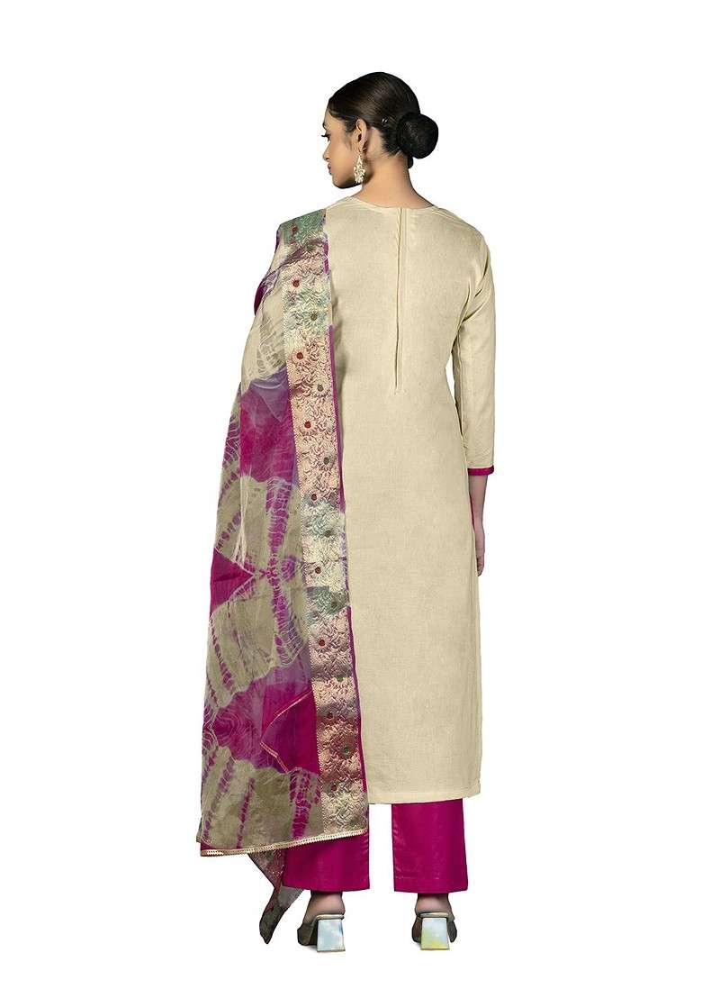 Beige Embroidered Blended Straight Kurta Set - Indya