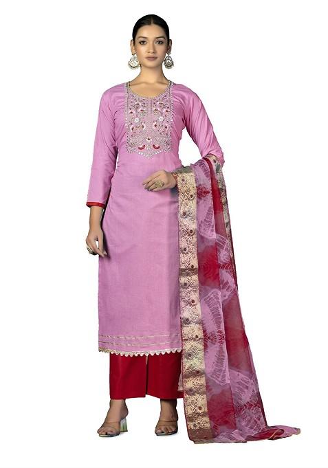 Pink Embroidered Blended Straight Kurta Set