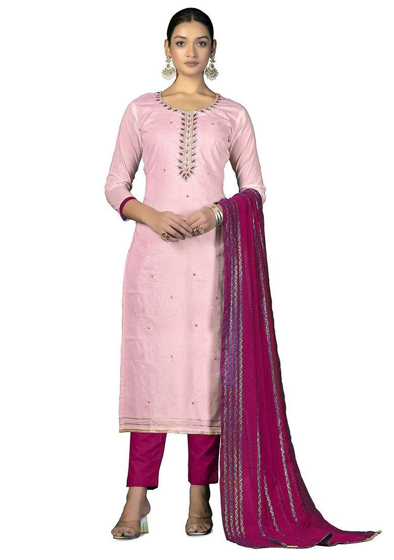 Pink Embroidered Poly Blend Kurta Set - Indya