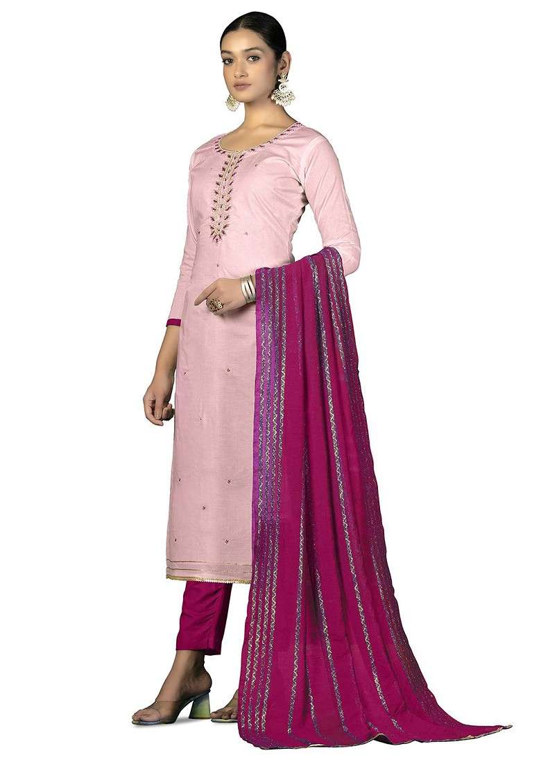 Pink Embroidered Poly Blend Kurta Set - Indya