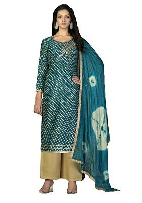 Sea Green Printed Poly Blend Kurta Set