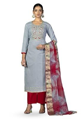 Grey Embroidered Poly Blend Kurta Set