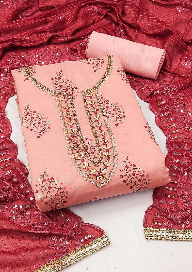 Peach Embroidered Cotton Straight Kurta Set - Indya