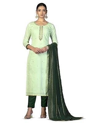 Green Embroidered Poly Blend Kurta Set