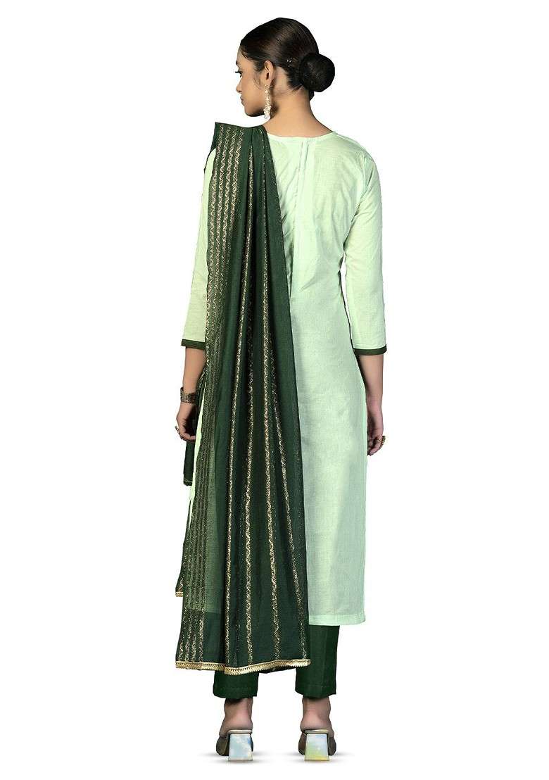 Green Embroidered Poly Blend Kurta Set - Indya