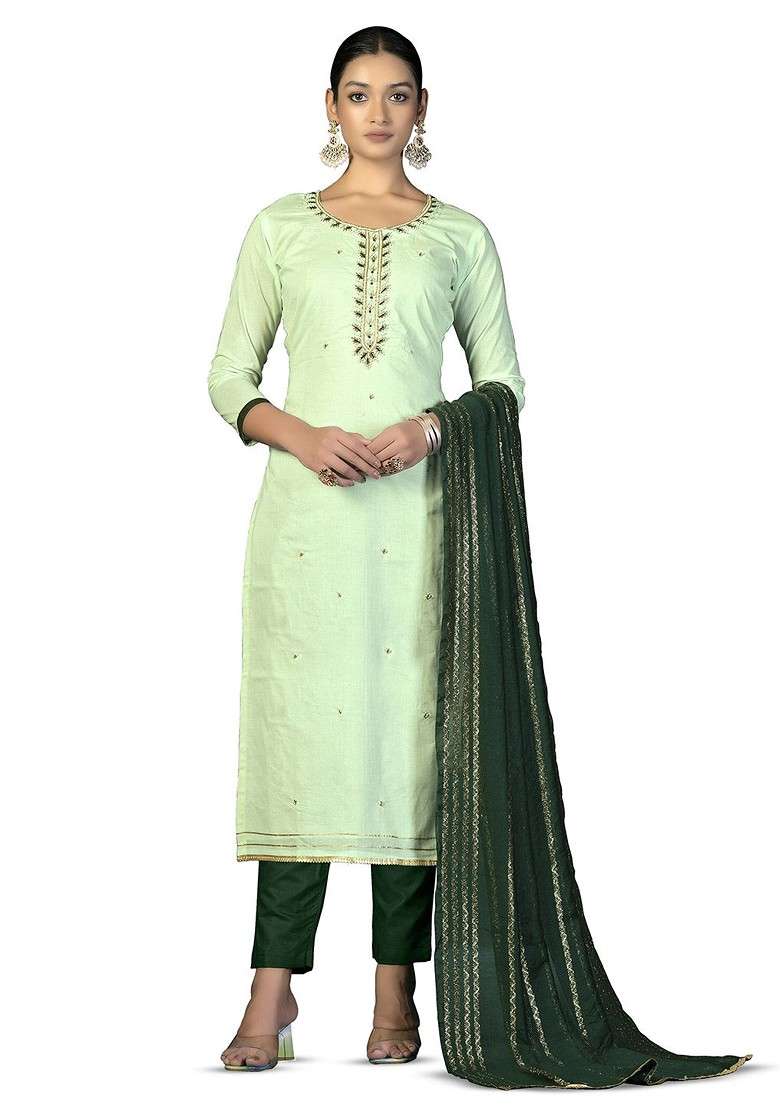 Green Embroidered Poly Blend Kurta Set - Indya