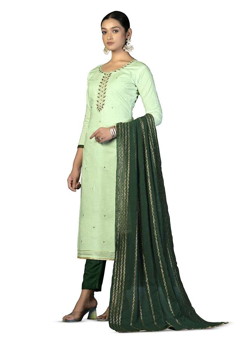 Green Embroidered Poly Blend Kurta Set - Indya