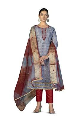 Grey Embroidered Poly Blend Kurta Set