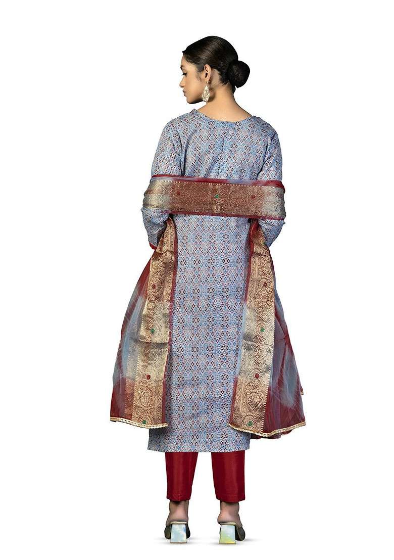 Grey Printed Blended Pakistani Suit Set - Indya