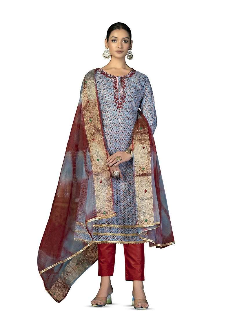 Grey Printed Blended Pakistani Suit Set - Indya
