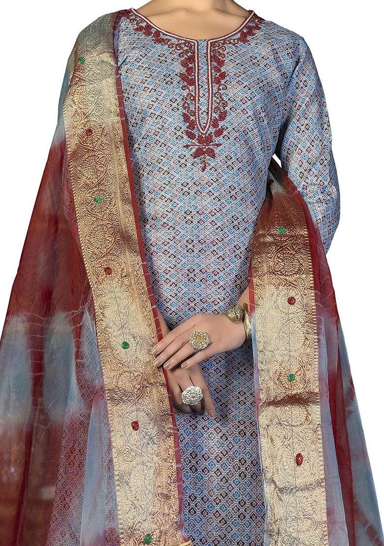 Grey Printed Blended Pakistani Suit Set - Indya