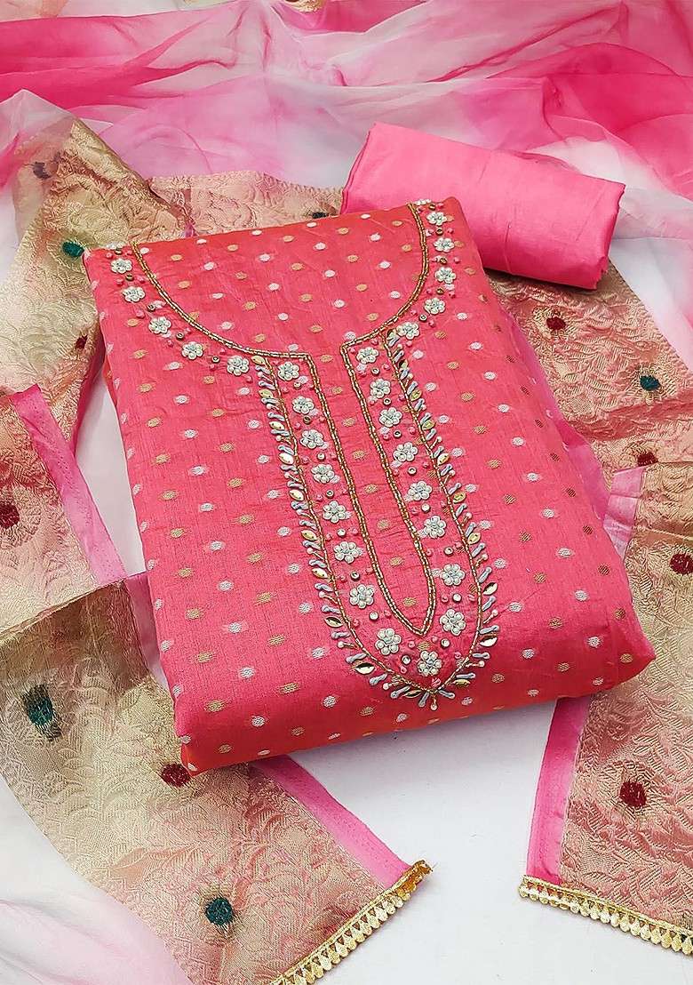 Pink Jacquard Blended Straight Kurta Set - Indya
