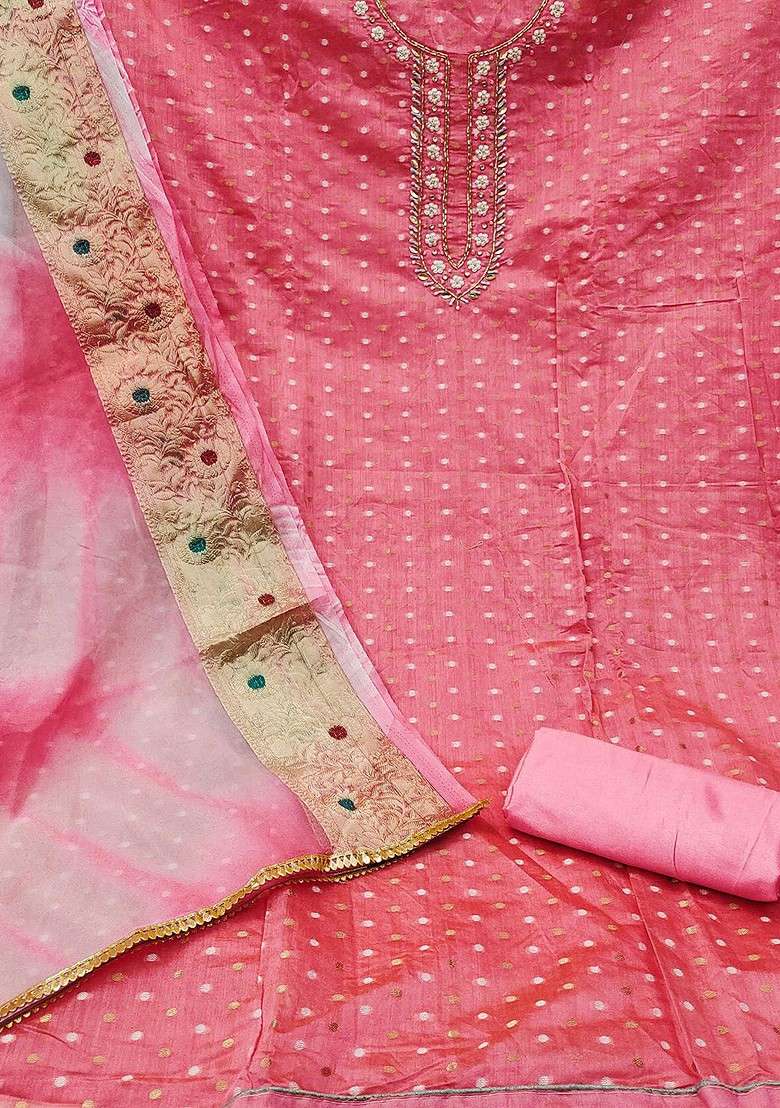 Pink Jacquard Blended Straight Kurta Set - Indya