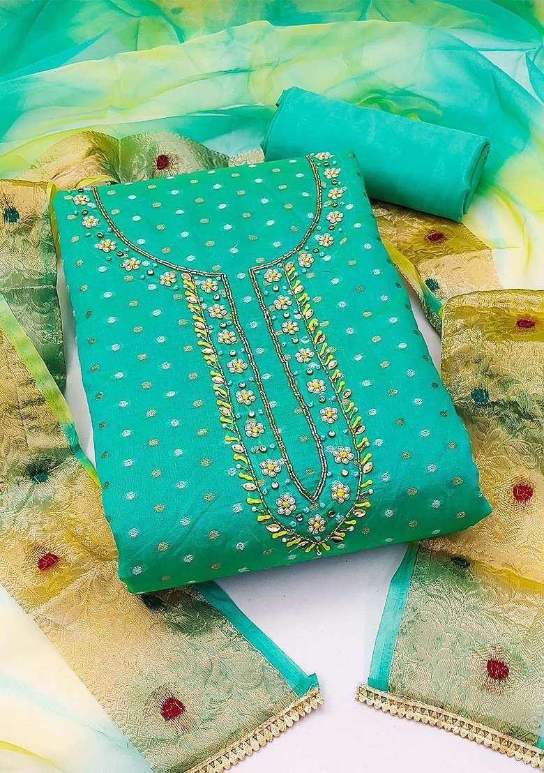 Sea Green Embroidered Cotton Straight Kurta Set - Indya