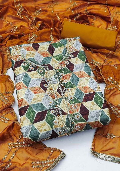 Green Printed Poly Blend Kurta Set