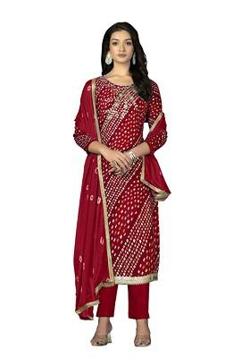 Red Printed Poly Blend Kurta Set