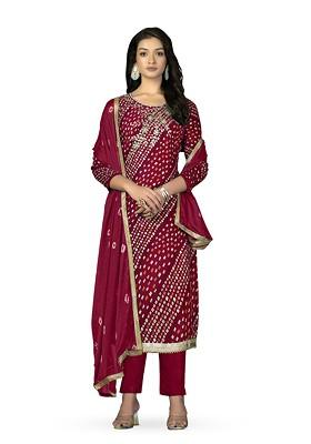 Maroon Printed Poly Blend Kurta Set
