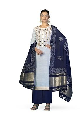 Blue Embroidered Poly Blend Kurta Set