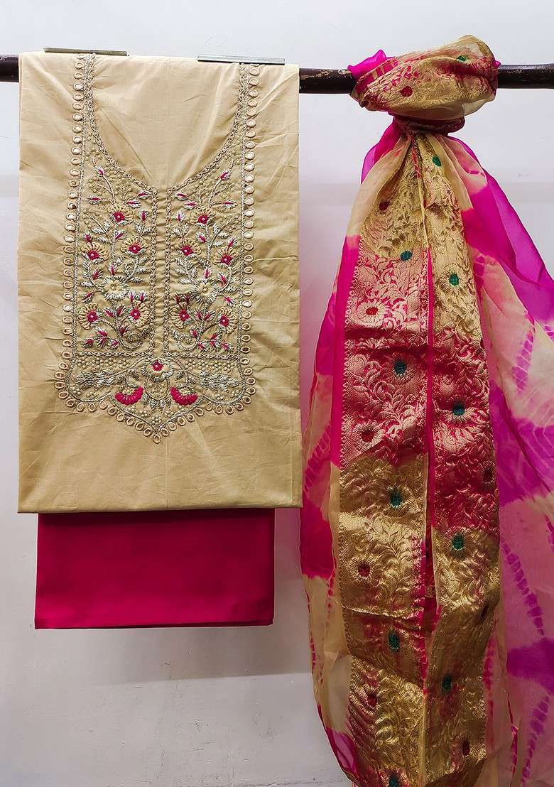 Beige Embroidered Blended Straight Kurta Set - Indya