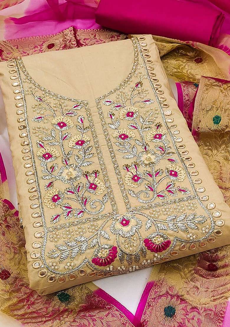 Beige Embroidered Blended Straight Kurta Set - Indya