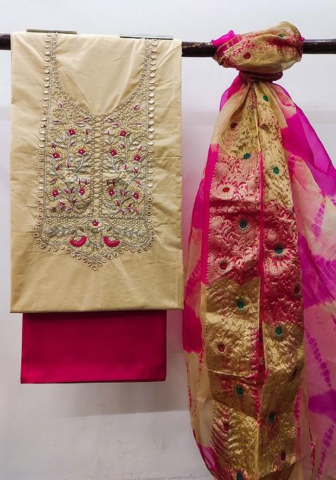 Beige Embroidered Poly Blend Kurta Set
