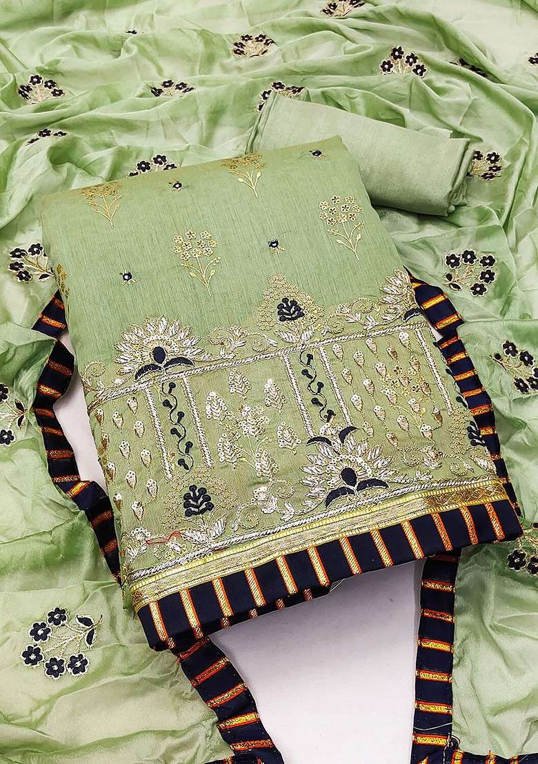 Olive Embroidered Blended Pakistani Suit Set - Indya