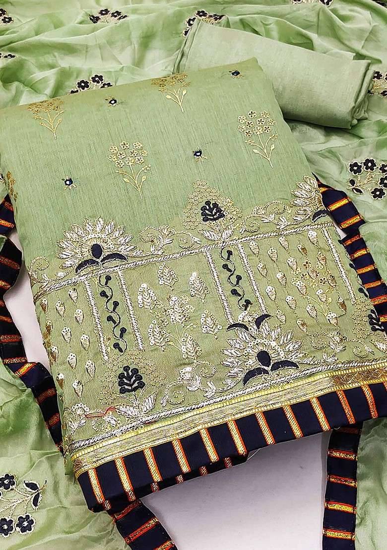 Olive Embroidered Blended Pakistani Suit Set - Indya