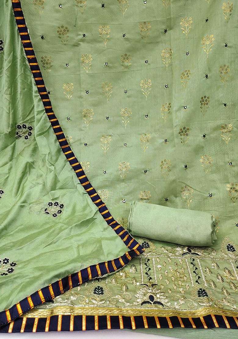 Olive Embroidered Blended Pakistani Suit Set - Indya