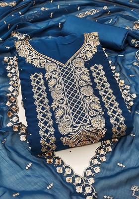 Blue Embroidered Poly Blend Kurta Set