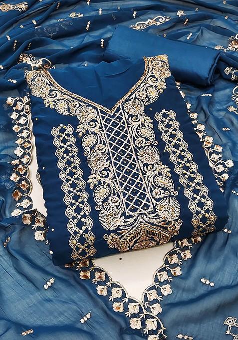 Blue Embroidered Blended Pakistani Suit Set — view on Indya