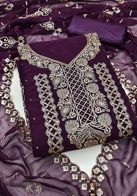 Purple Embroidered Poly Blend Kurta Set