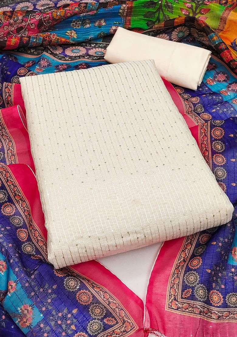 White Sequin Work Blended Straight Kurta Set - Indya