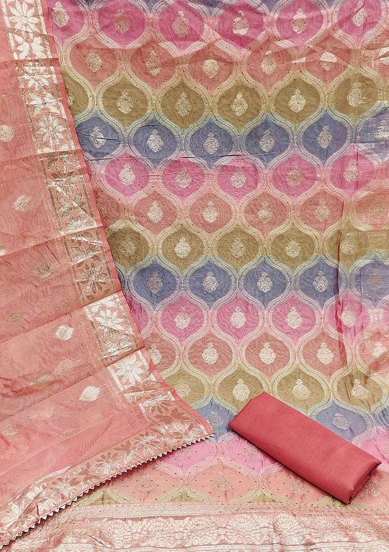 Pink Zari Work Organza Straight Kurta Set - Indya