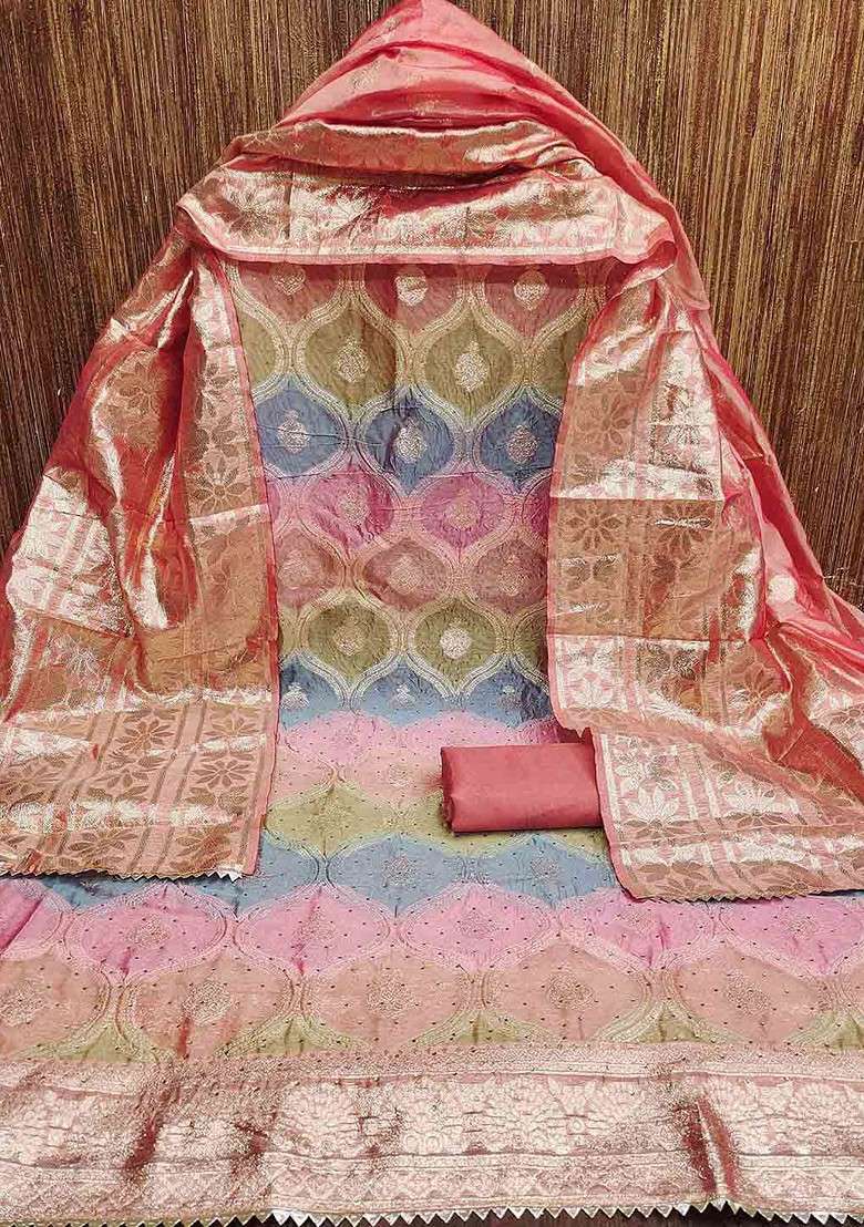 Pink Zari Work Organza Straight Kurta Set - Indya