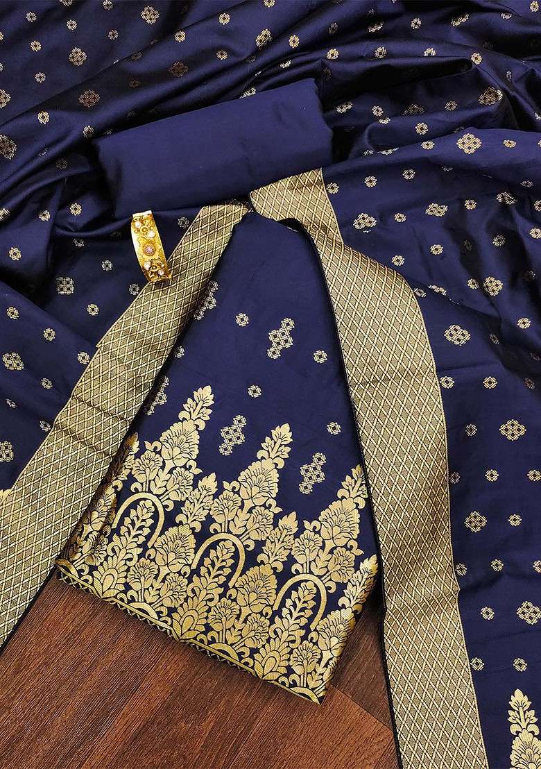Navy Blue Zari Work Poly Straight Kurta Set - Indya