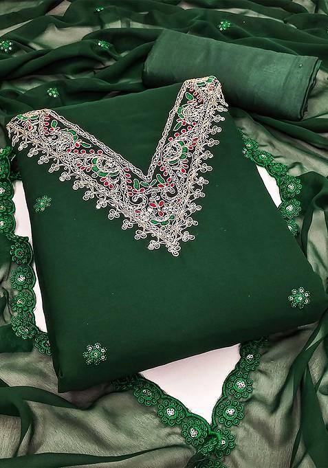 Green Embroidered Blended Straight Kurta Set