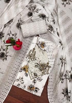White Floral Print Poly Blend Kurta Set