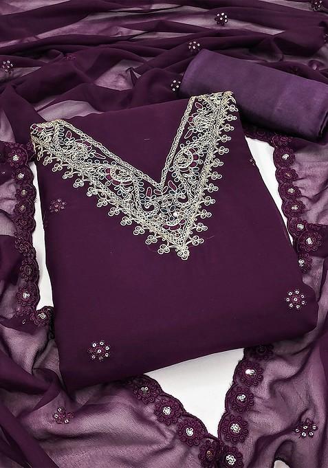 Purple Embroidered Poly Blend Kurta Set