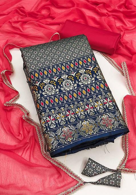 Navy Blue Printed Poly Blend Kurta Set