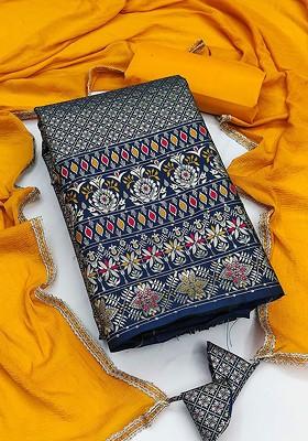 Navy Blue Printed Poly Blend Kurta Set