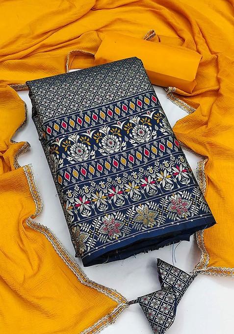 Navy Blue Printed Poly Blend Kurta Set