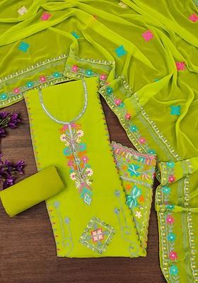 Lime Green Embroidered Poly Blend Kurta Set