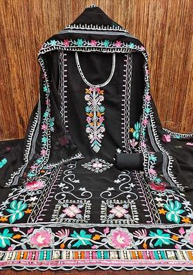 Black Embroidered Poly Blend Kurta Set