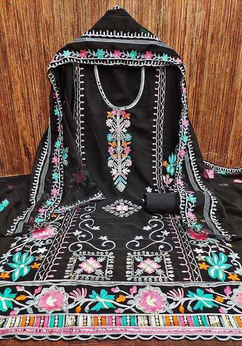 Black Embroidered Poly Blend Kurta Set
