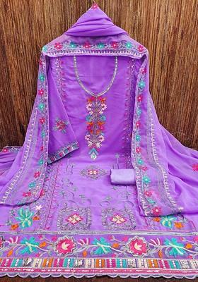 Lavender Embellished Poly Blend Kurta Set