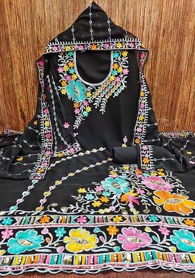 Black Embroidered Poly Blend Kurta Set