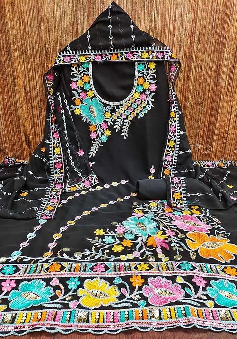 Black Embroidered Poly Blend Kurta Set