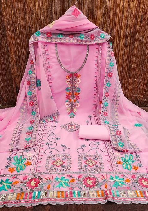 Pink Embellished Poly Blend Kurta Set