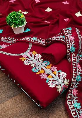 Red Embroidered Poly Blend Kurta Set