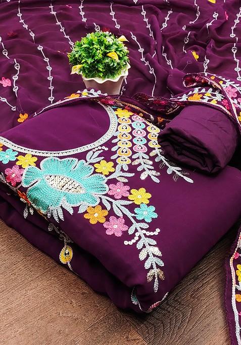 Purple Embroidered Blended Straight Kurta Set